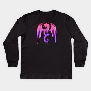 Metallic Pink and Blue Silhouette Winged Dragon Kids Long Sleeve T-Shirt